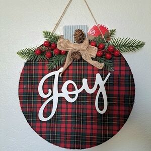 Festive Plaid Joy Wreath with Red Accents Christmas Wall Decor